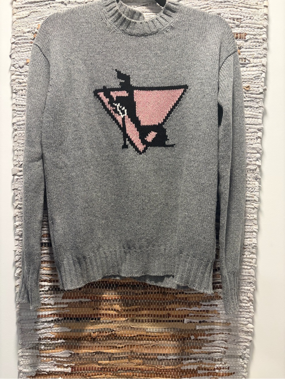 Prada Heel Grey Sweater with Pink Geometric Accent - Women's Crewneck